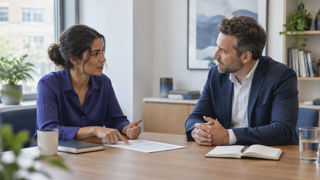 An employee calmly discusses workload and fairness with a listening manager in a private office.