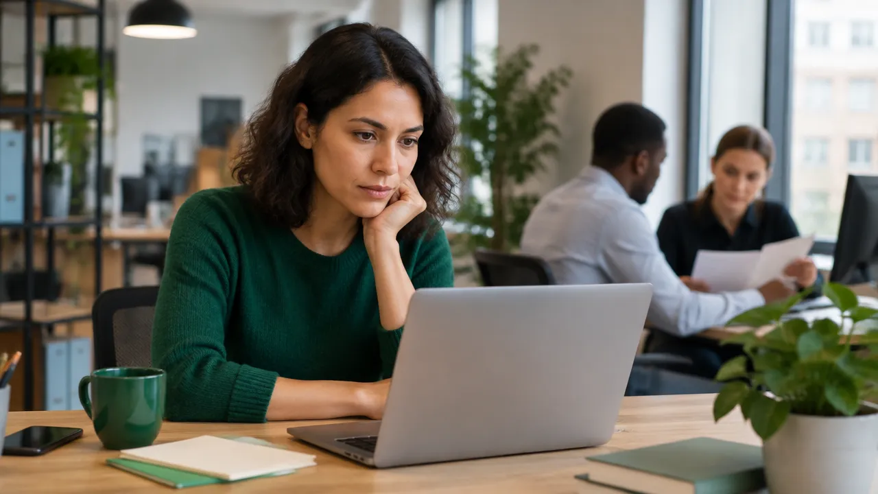 An employee reviews project work while unclear coordination creates quiet friction