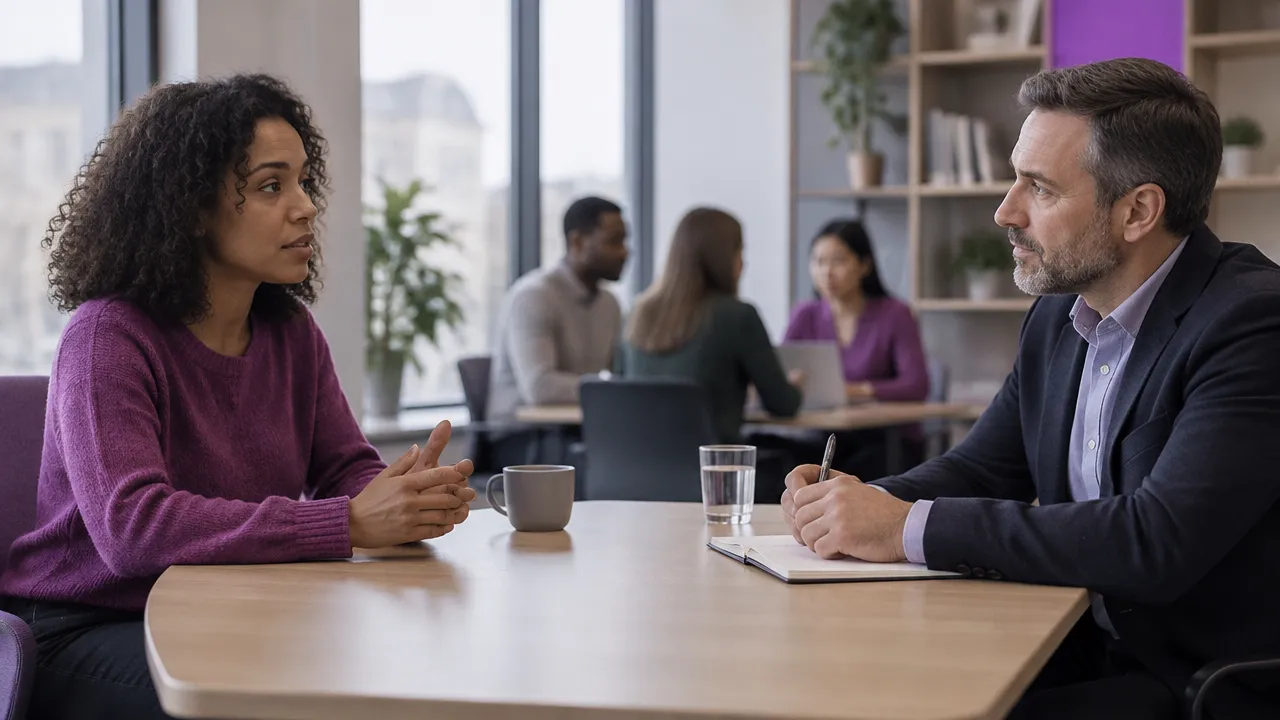 An employee shares feedback while a manager listens and records next steps