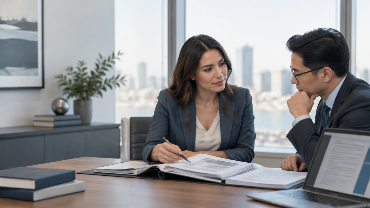 An immigration attorney reviews an organized petition file with a professional client during a consultation