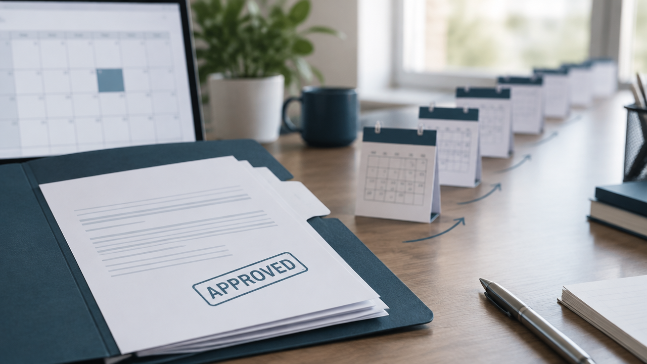 An immigration petition file beside a calendar represents the separate waits for an I-140 decision and visa availability