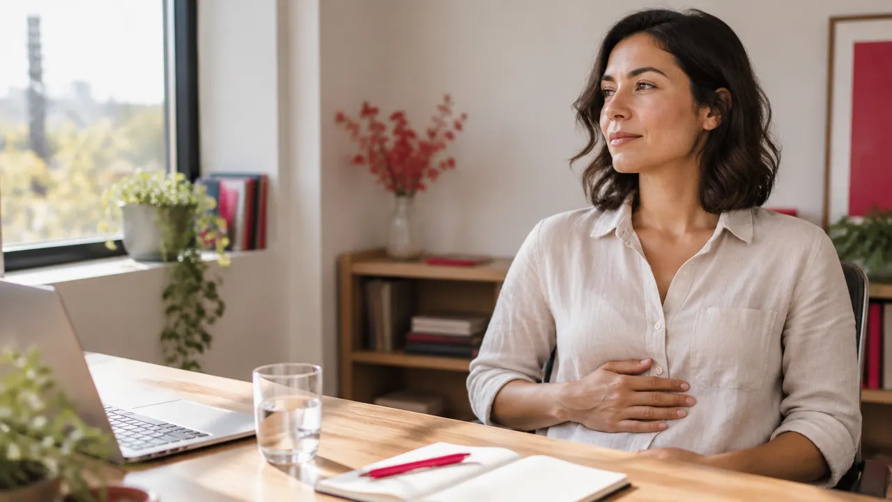 An office worker calmly noticing their natural breathing during a pause at a desk
