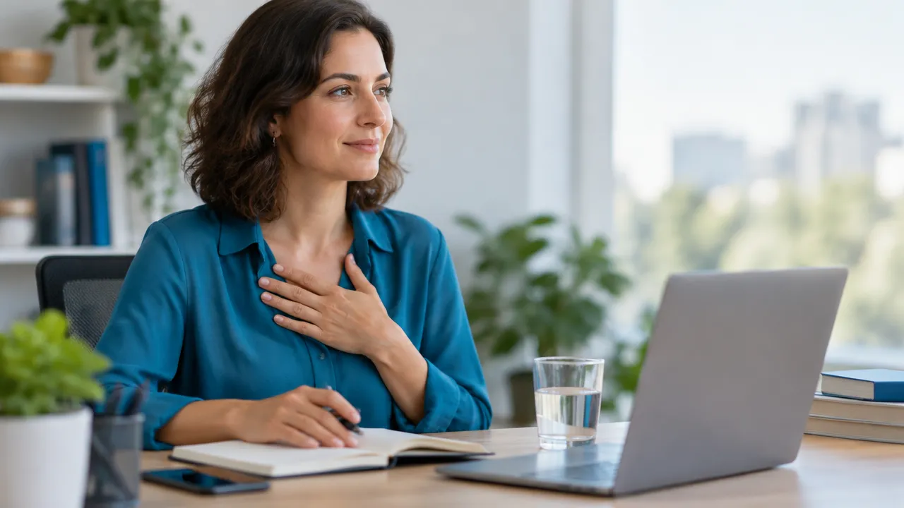 An office worker pauses at a desk, noticing their body before responding to a message.
