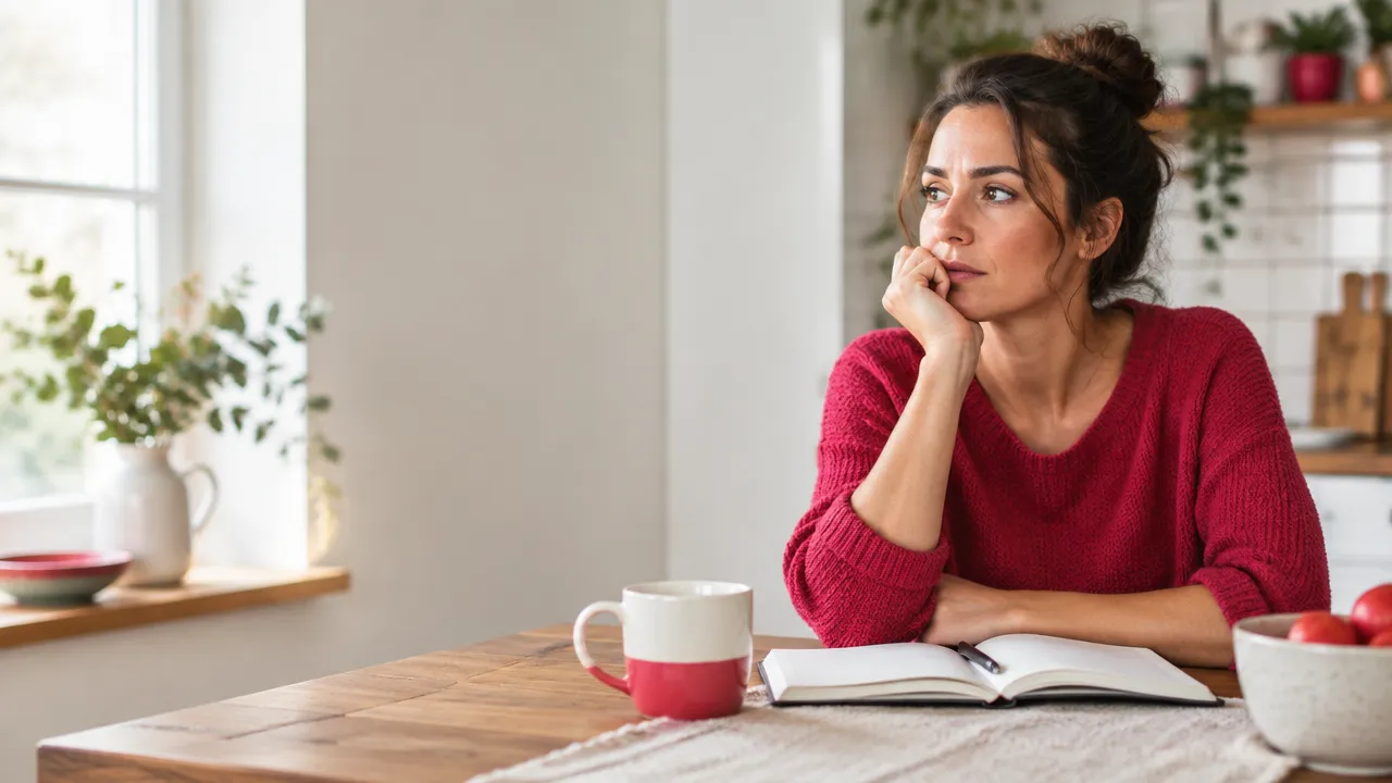 An overwhelmed adult pauses at a kitchen table, grounded and attentive rather than shutting down.
