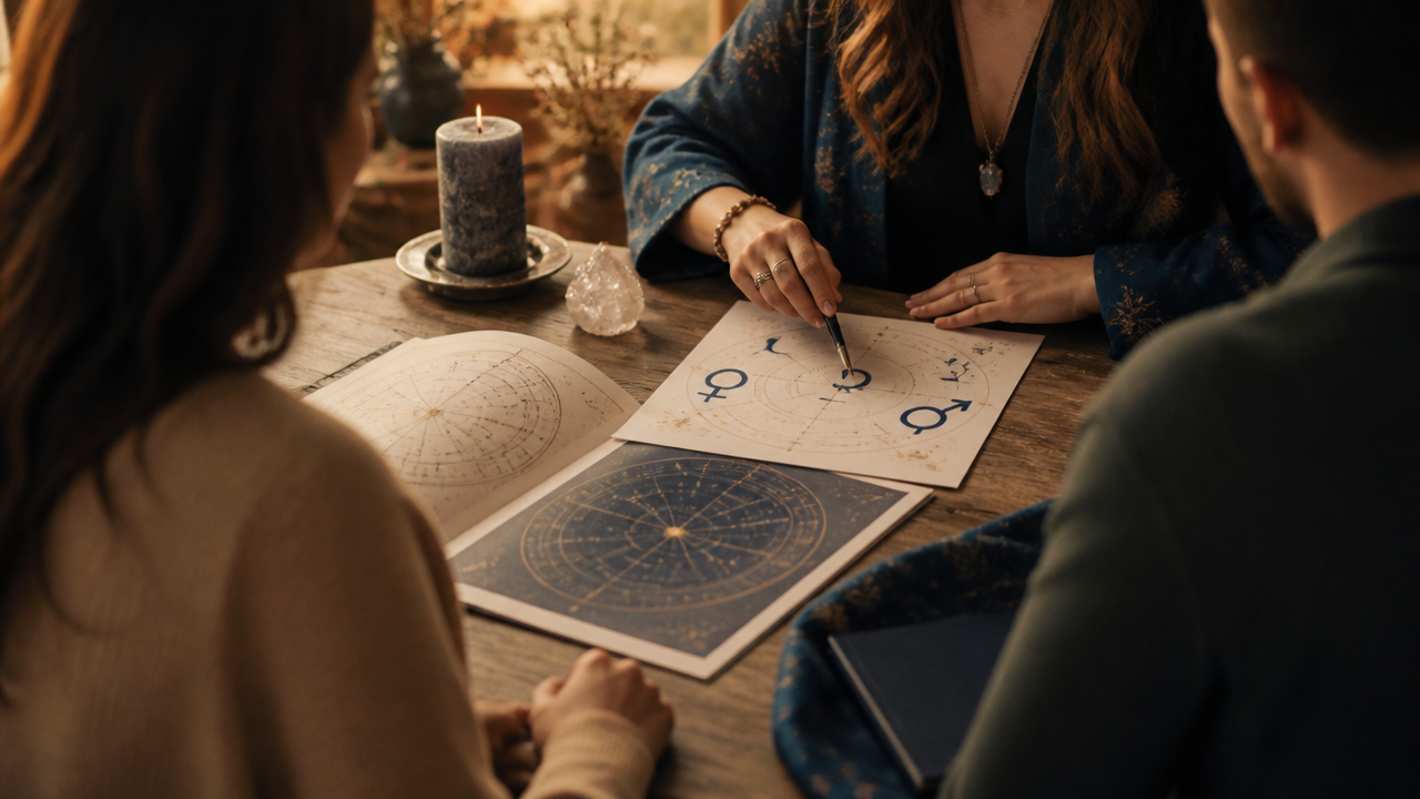 Análise de compatibilidade amorosa com foco em Vênus, Lua e Marte em um mapa astral de casal.