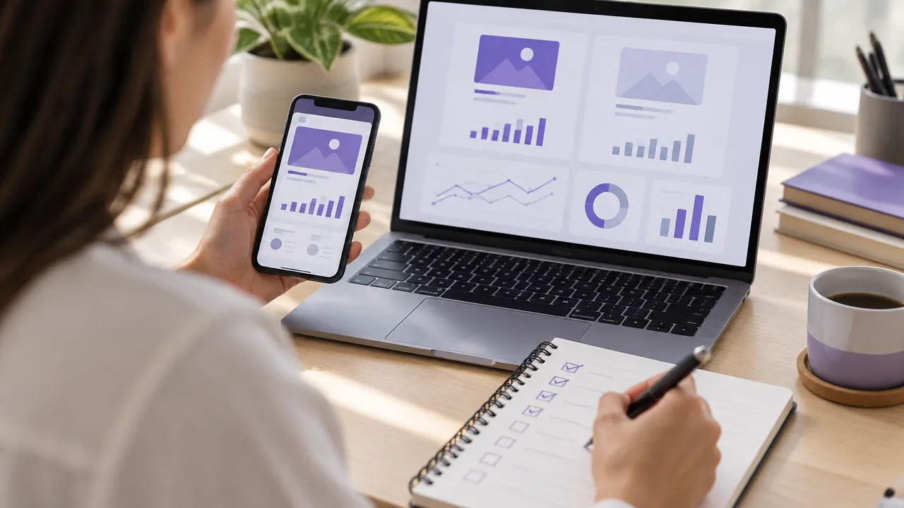 Análise de criativos e métricas de uma campanha em laptop e smartphone