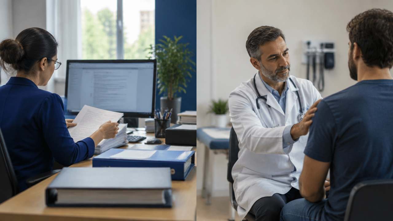 Análise de documentos administrativos e avaliação médica aparecem como etapas distintas