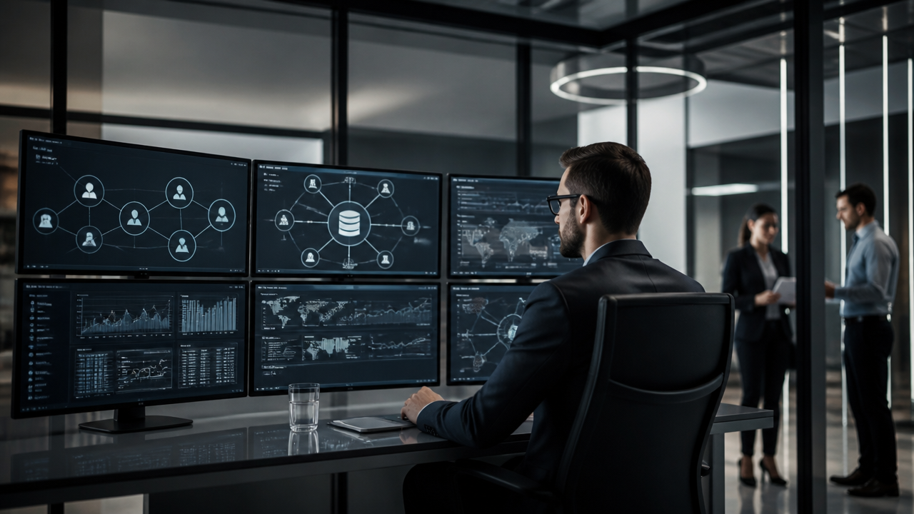 Analista acompanhando integrações entre CRM, ERP e sistemas comerciais com inteligência artificial