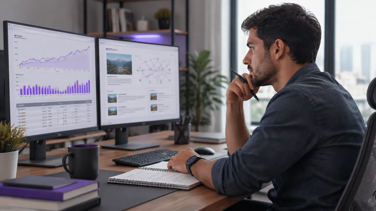 Analista acompanhando métricas de backlinks e desempenho orgânico em painéis de SEO