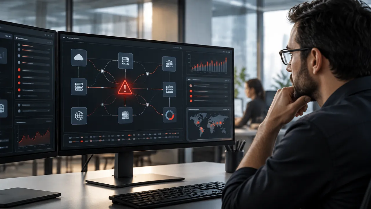 Analista acompanhando registros de acesso e alertas de integrações em painéis de monitoramento