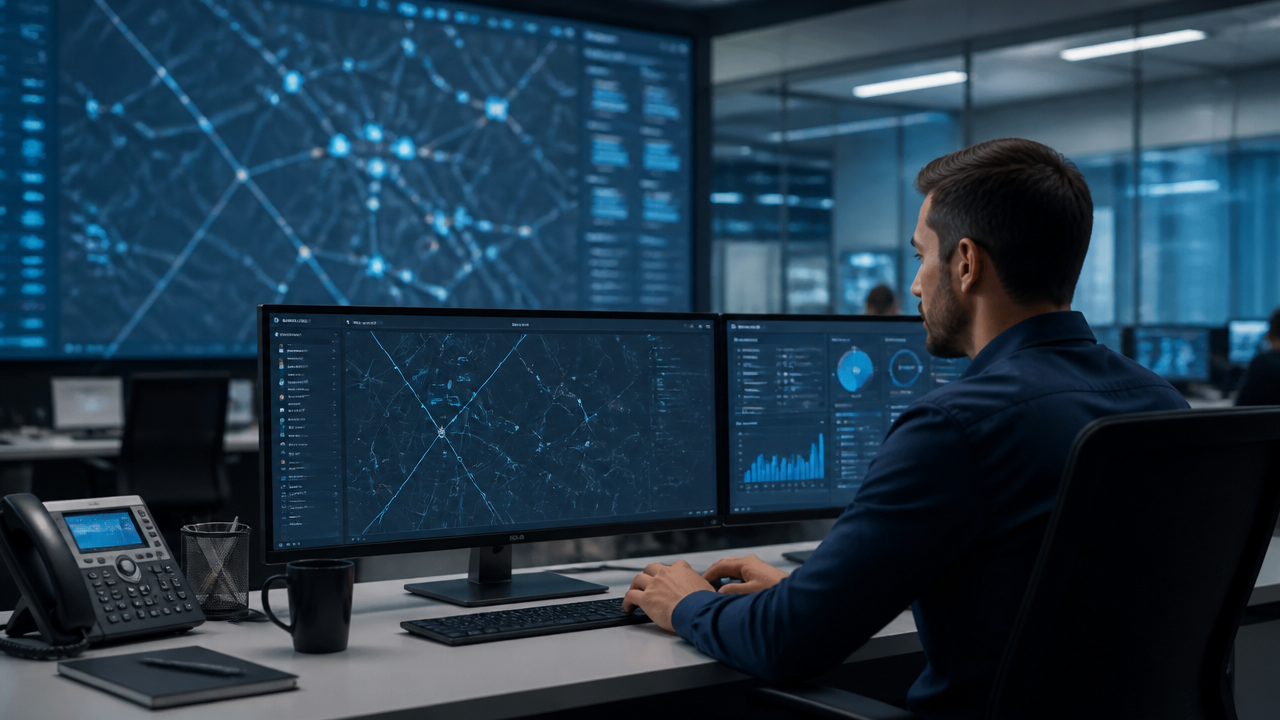 Analista acompanhando rotas de fretamento em painel de monitoramento em tempo real