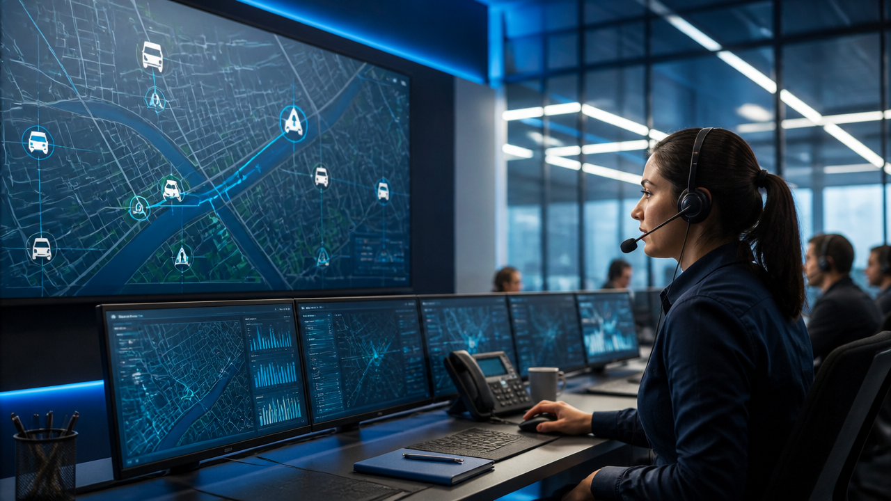 Analista acompanhando veículos em mapa digital e ajustando rotas em tempo real