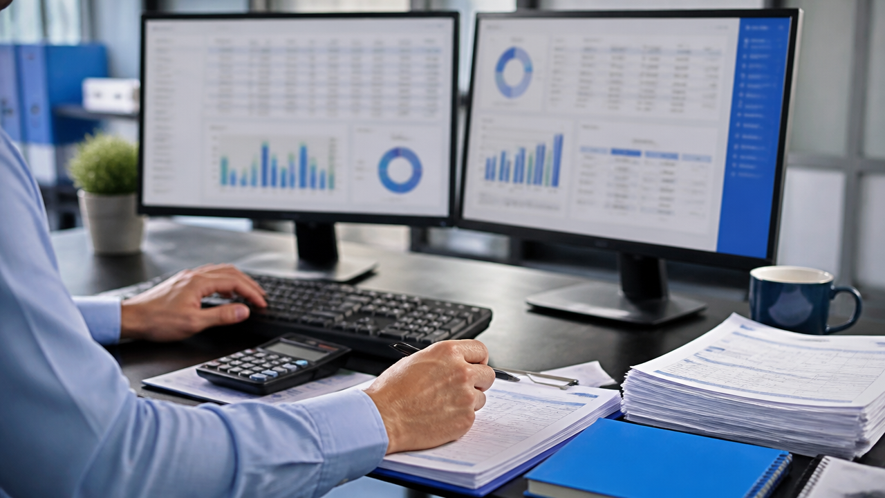 Analista ajustando sistema fiscal e dashboard financeiro para adaptar ERP à transição tributária
