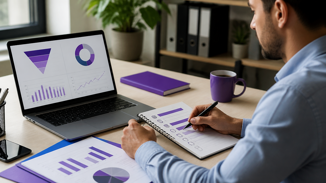 Analista comercial avaliando critérios de perfil ideal de cliente em uma mesa de trabalho