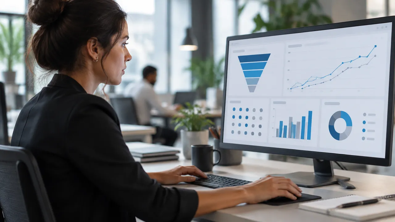 Analista comercial avaliando qualidade de leads, etapas do funil e tendências em um painel de vendas