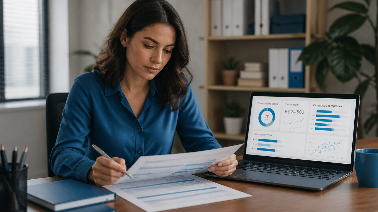 Analista comercial segmentando clientes e identificando oportunidades de upsell e cross-sell.