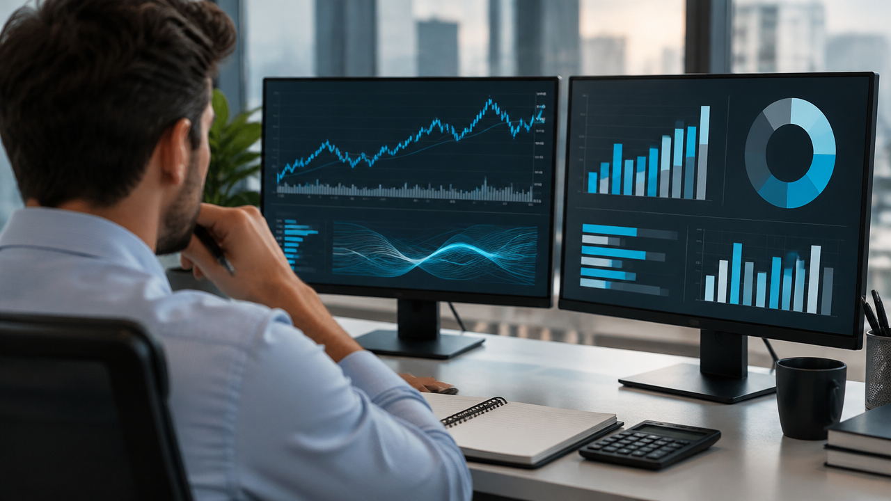 Analista compara gráficos agregados de volume e perfis de investidores em telas