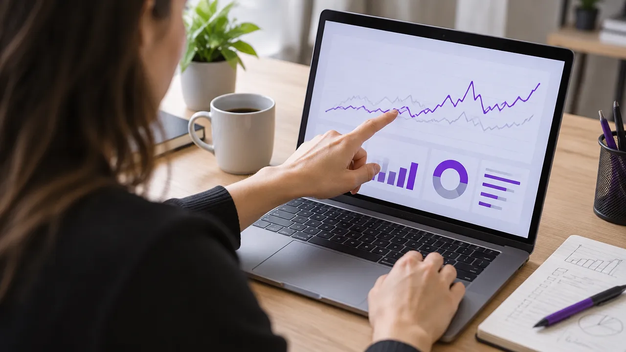 Analista compara métricas de crescimento orgânico e campanhas pagas no painel do notebook