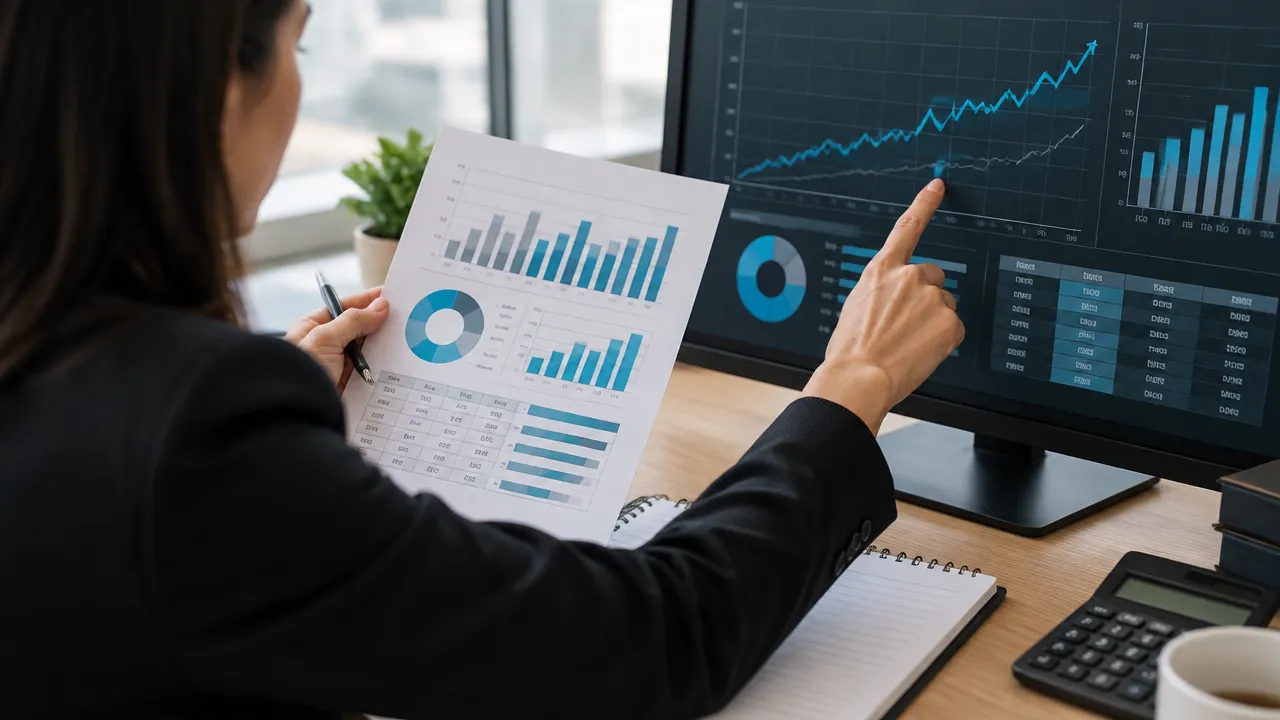 Analista compara relatórios e indicadores para reavaliar o risco de crédito de uma empresa
