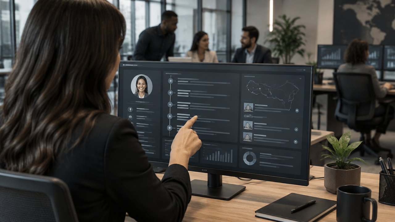 Analista consultando em um painel corporativo o histórico integrado de interações de um cliente