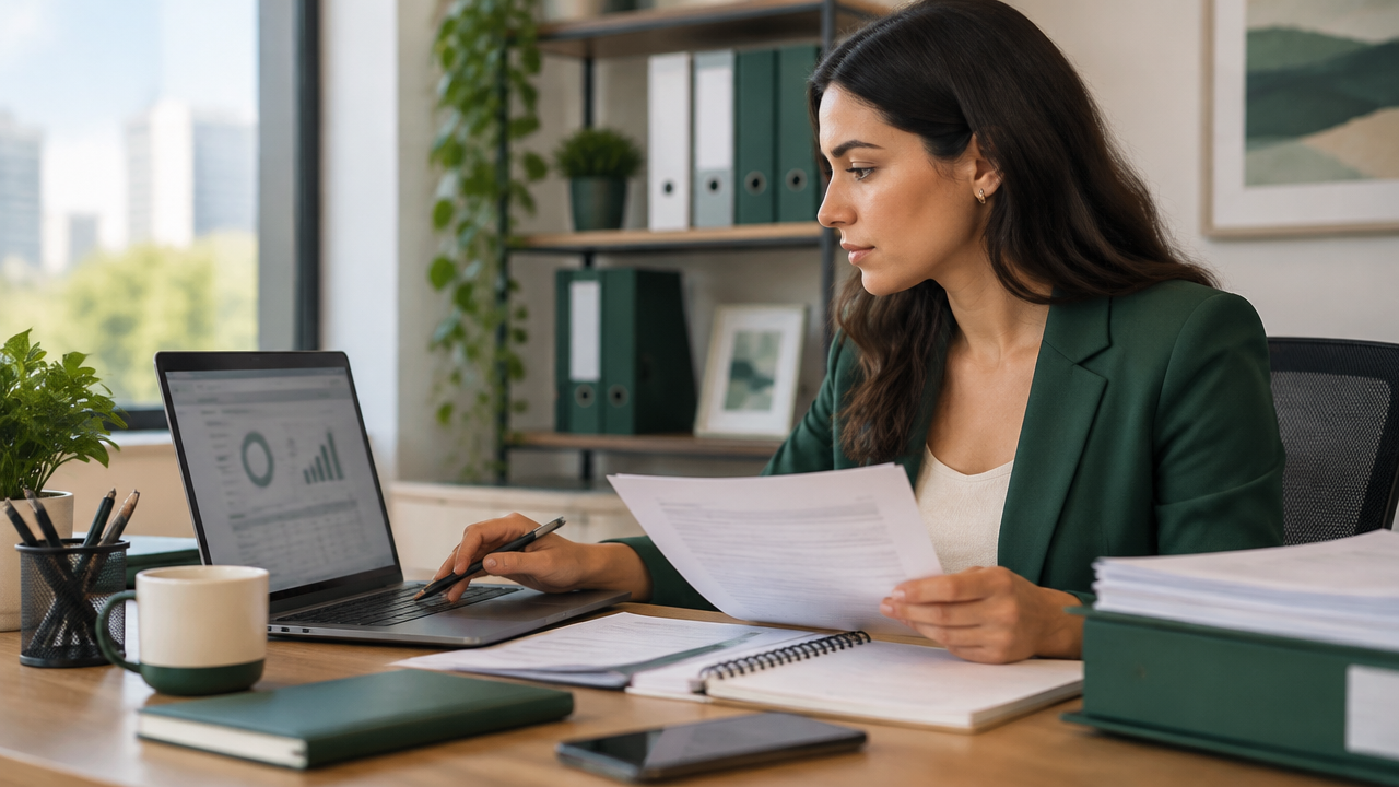 Analista contábil consulta pendências cadastrais e obrigações fiscais em um notebook