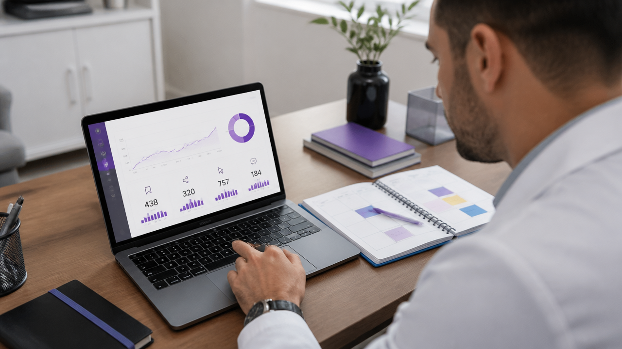 Analista de clínica acompanhando indicadores de conteúdo e rotina de testes de posts em um painel simples no notebook
