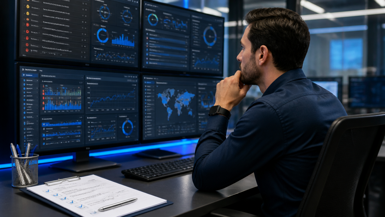 Analista de operações acompanhando indicadores de SLA e continuidade em plataforma de monitoramento