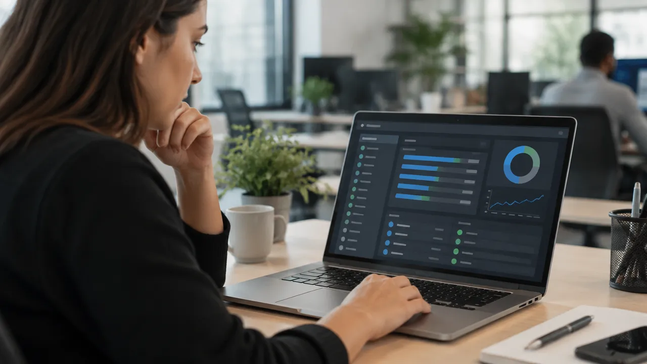Analista de qualidade revisando resultados de testes automatizados no laptop