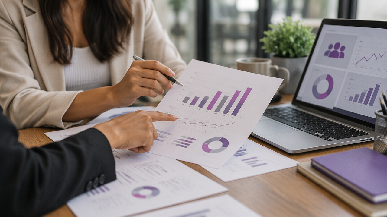 Analista de RH organiza gráficos e dados de equipe para interpretar indicadores de capital humano