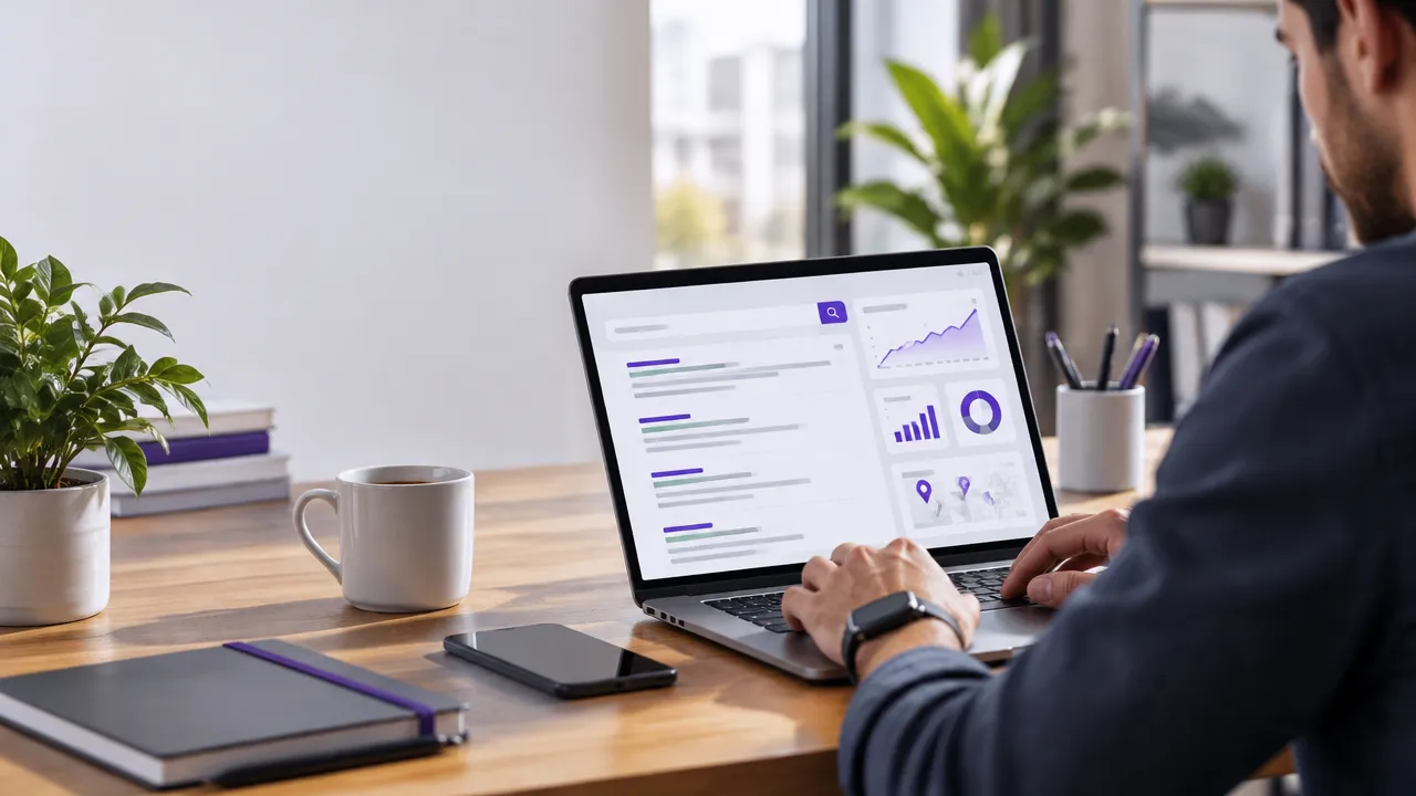 Analista de SEO usando um laptop para automatizar a coleta e a análise de resultados de busca