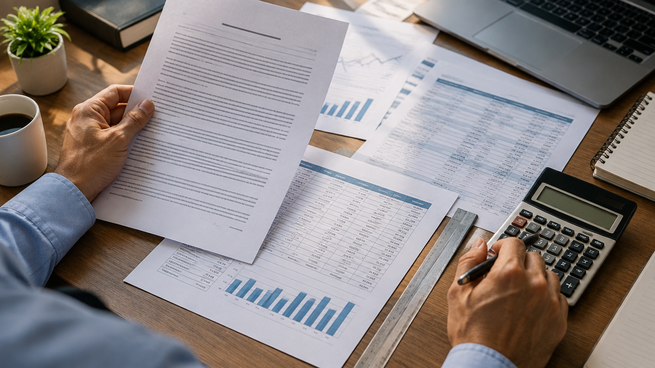Analista financeiro comparando contrato, extratos e planilha para revisar saldo devedor empresarial