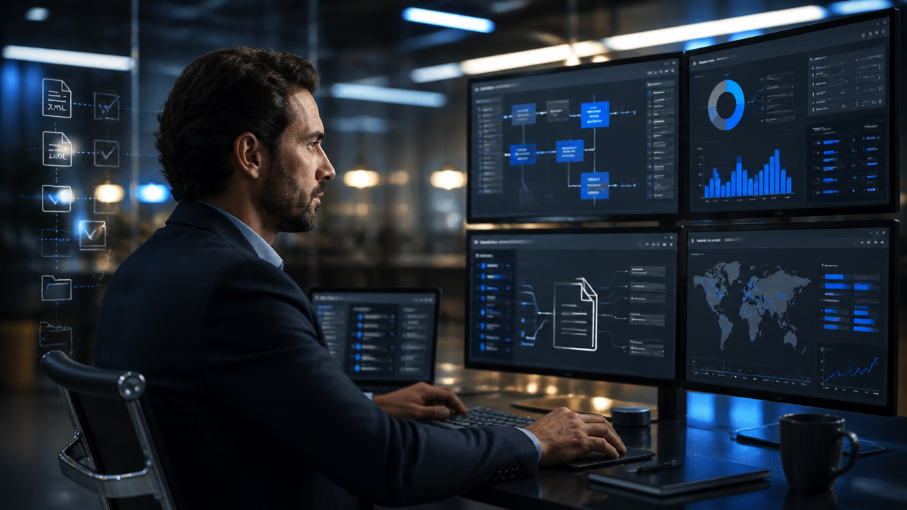 Analista fiscal acompanhando dashboards de compliance e automação tributária