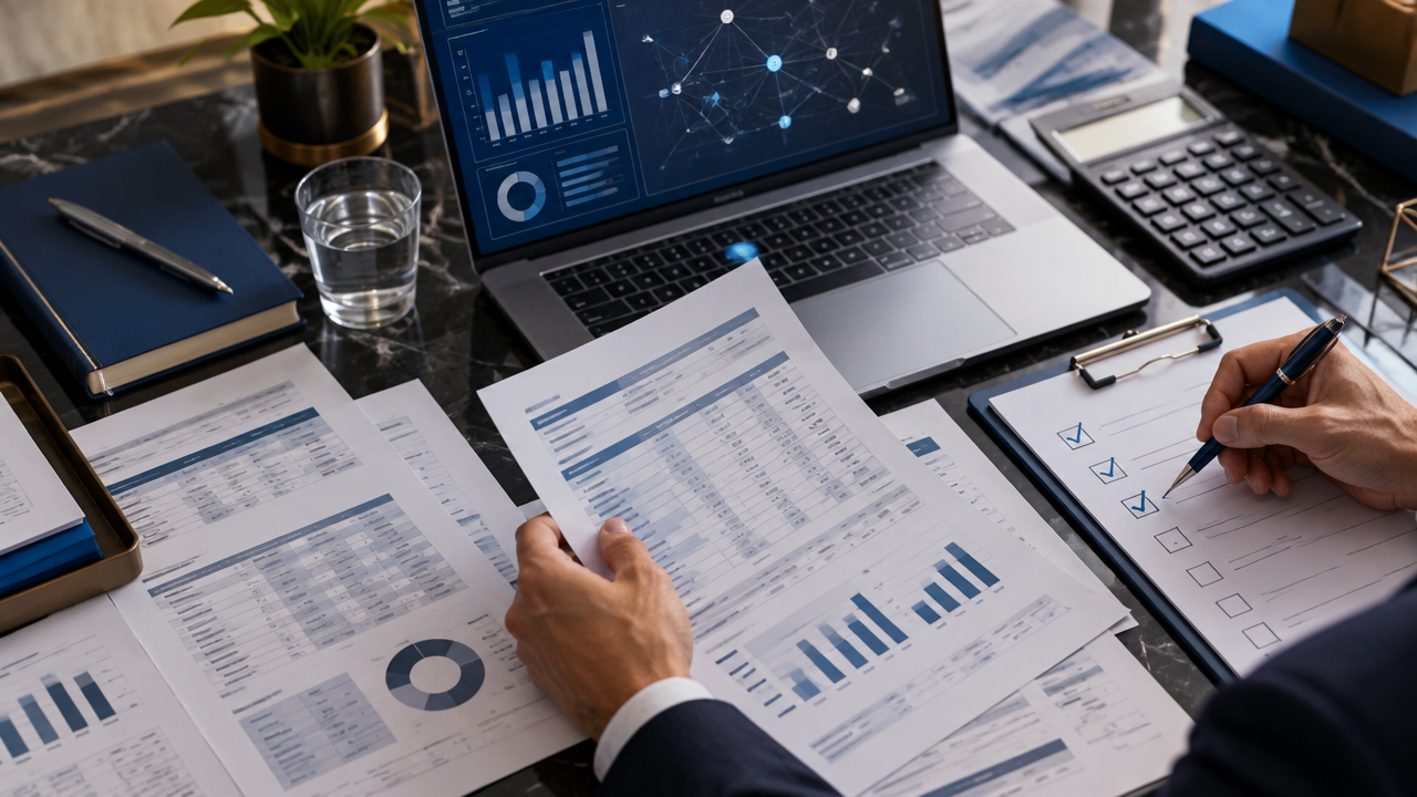 Analista fiscal conferindo documentos e dados tributários
