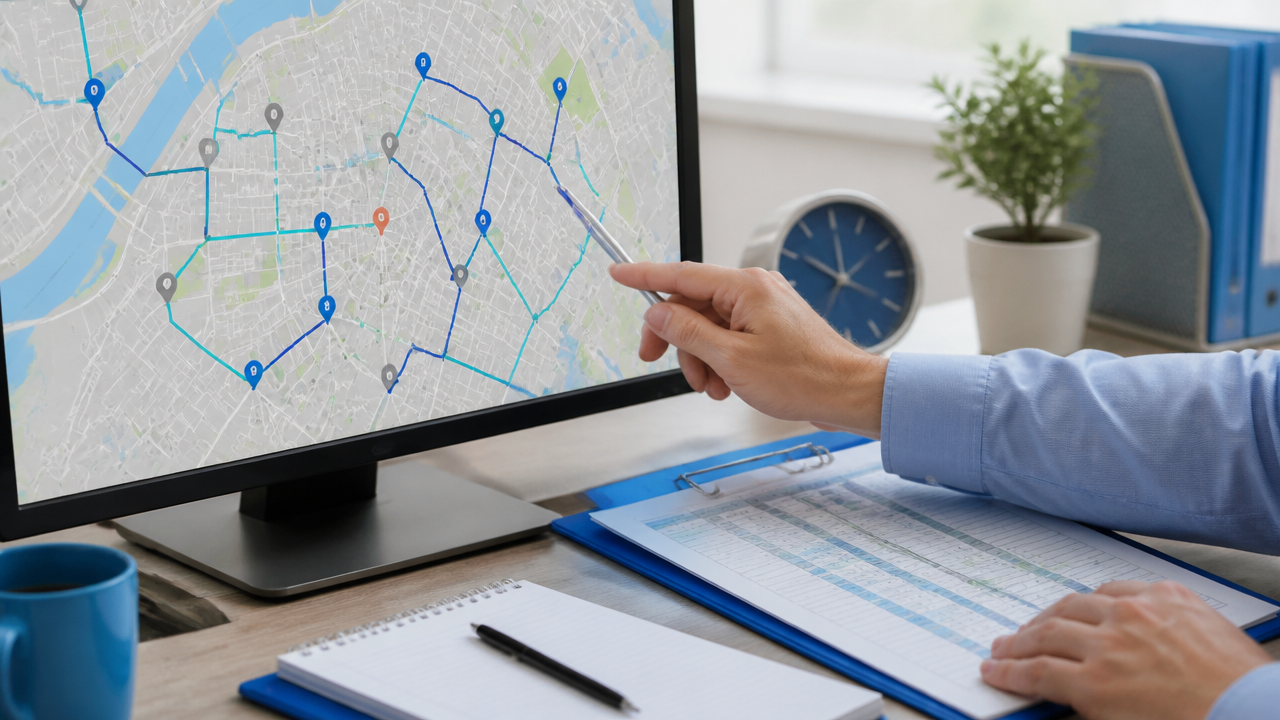 Analista organizando rota com múltiplas paradas e horários em mapa digital