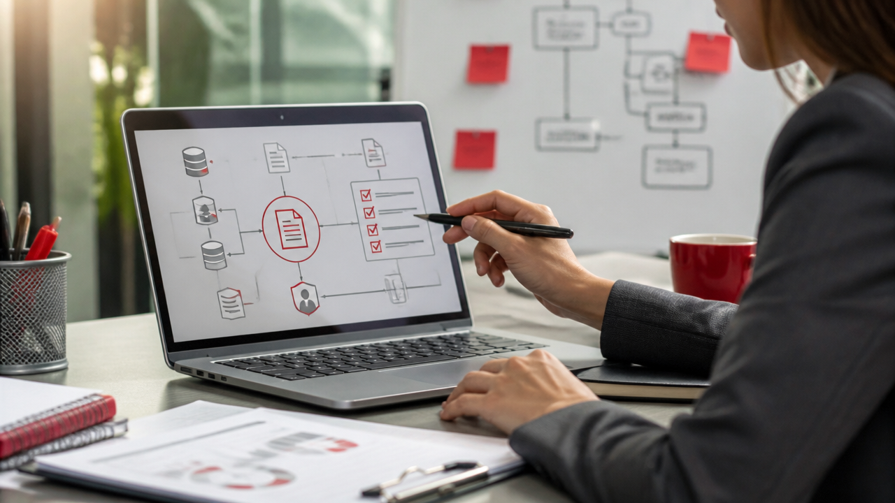 Analista revisando mapa de dados e checklist de privacidade antes de automatizar processos