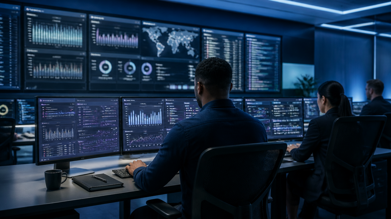 Analistas monitorando logs, alertas e trilhas de auditoria de agentes de IA na AWS.