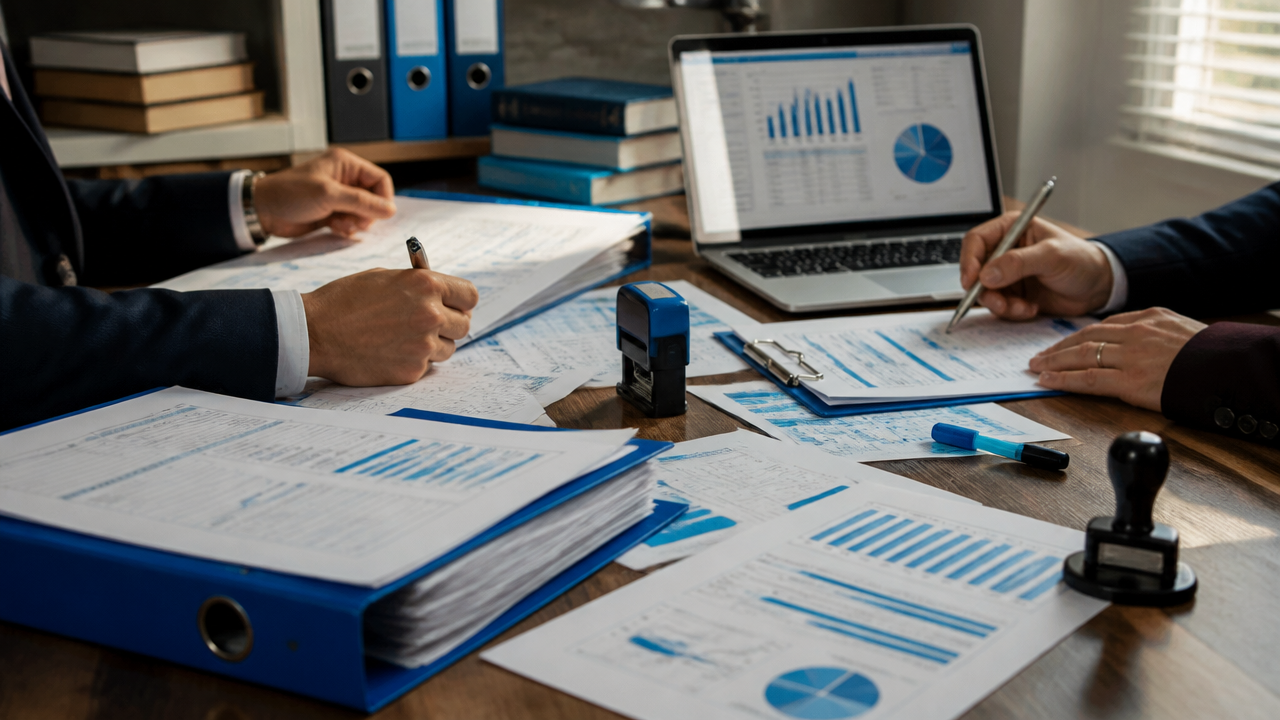 Analistas revisando documentos e registros financeiros de campanha em ambiente institucional