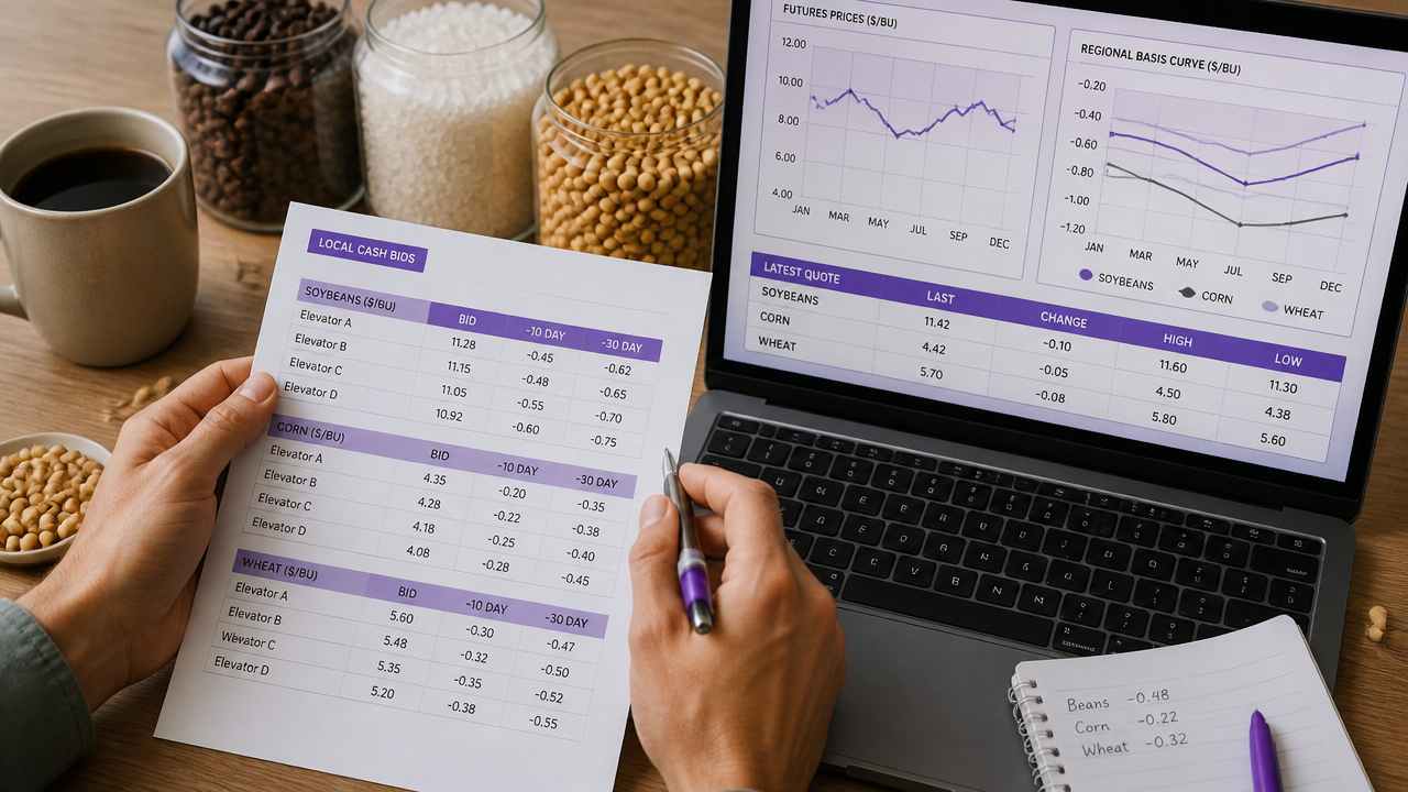Analyst comparing local commodity bids with futures prices and a basis curve on a desk