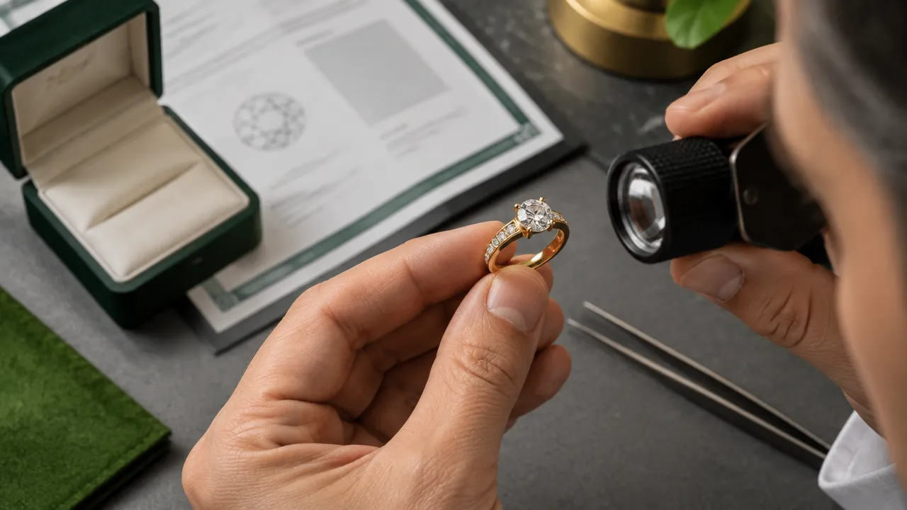 Anel com diamante analisado com lupa ao lado de um certificado genérico