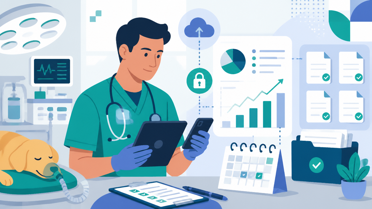 Anestesista veterinário acompanhando registros digitais e controle financeiro em dispositivos móveis