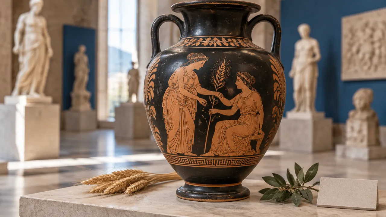 Ânfora grega com uma cena de Deméter e Perséfone, acompanhada por espigas de trigo em uma mesa de museu