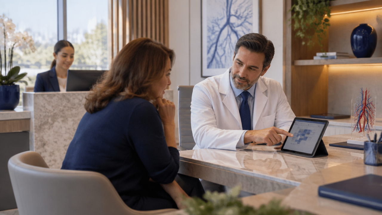 Angiologista e equipe orientando paciente durante o agendamento da consulta vascular particular