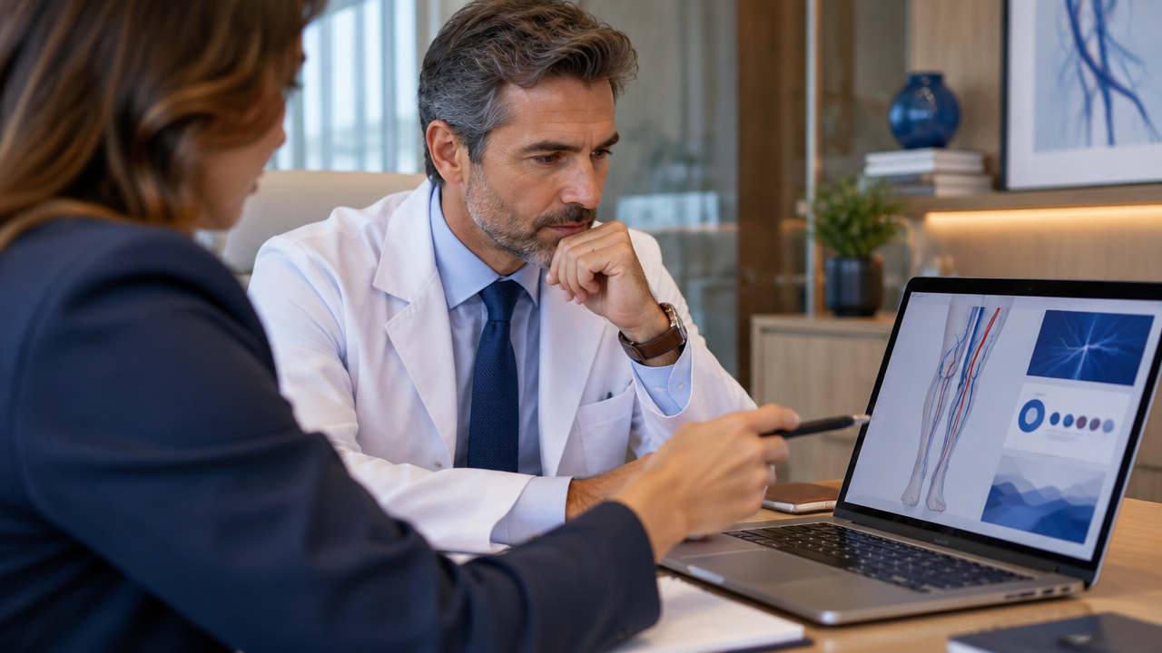 Angiologista revisando conteúdo educativo em laptop, com foco em comunicação médica ética e posicionamento digital.