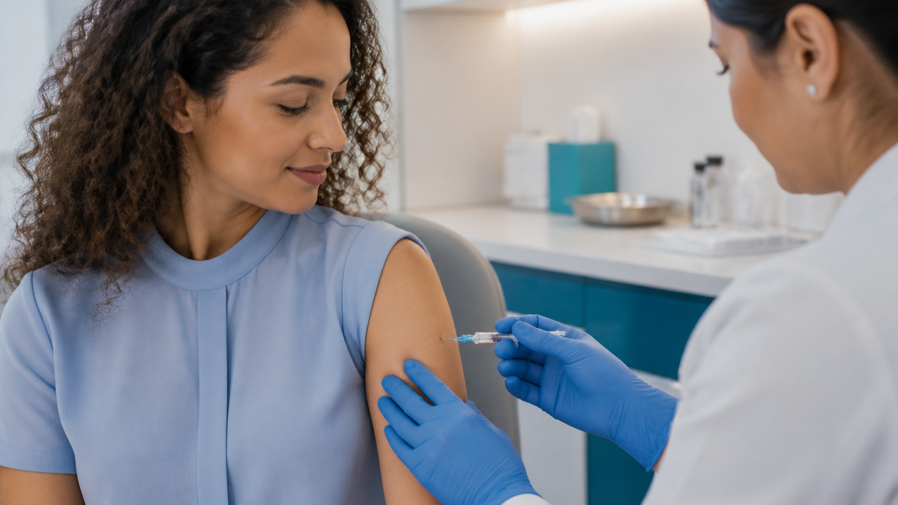 Aplicação da vacina da gripe em clínica com profissional de saúde e paciente adulta