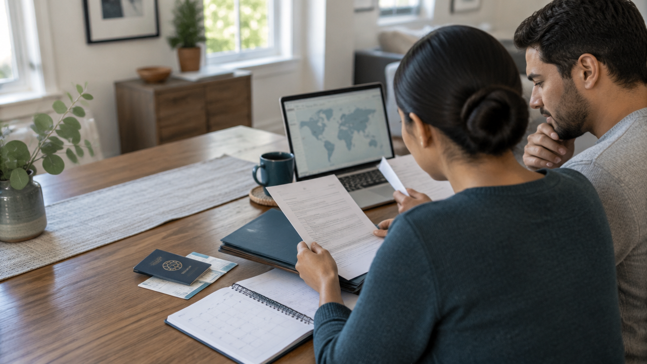 Applicant and spouse reviewing immigration folders and a calendar while planning family-related costs