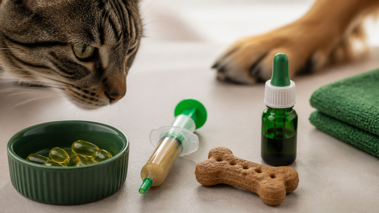 Apresentações de medicamentos manipulados para pets, como cápsulas, suspensão oral e biscoito medicamentoso
