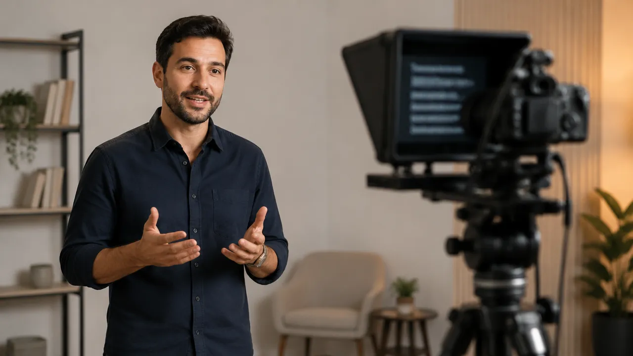 Apresentador ensaia diante da câmera com postura relaxada e teleprompter alinhado