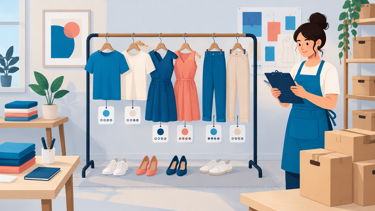 Arara com catálogo enxuto de roupas em poucas cores e tamanhos, pronta para planejamento de estoque