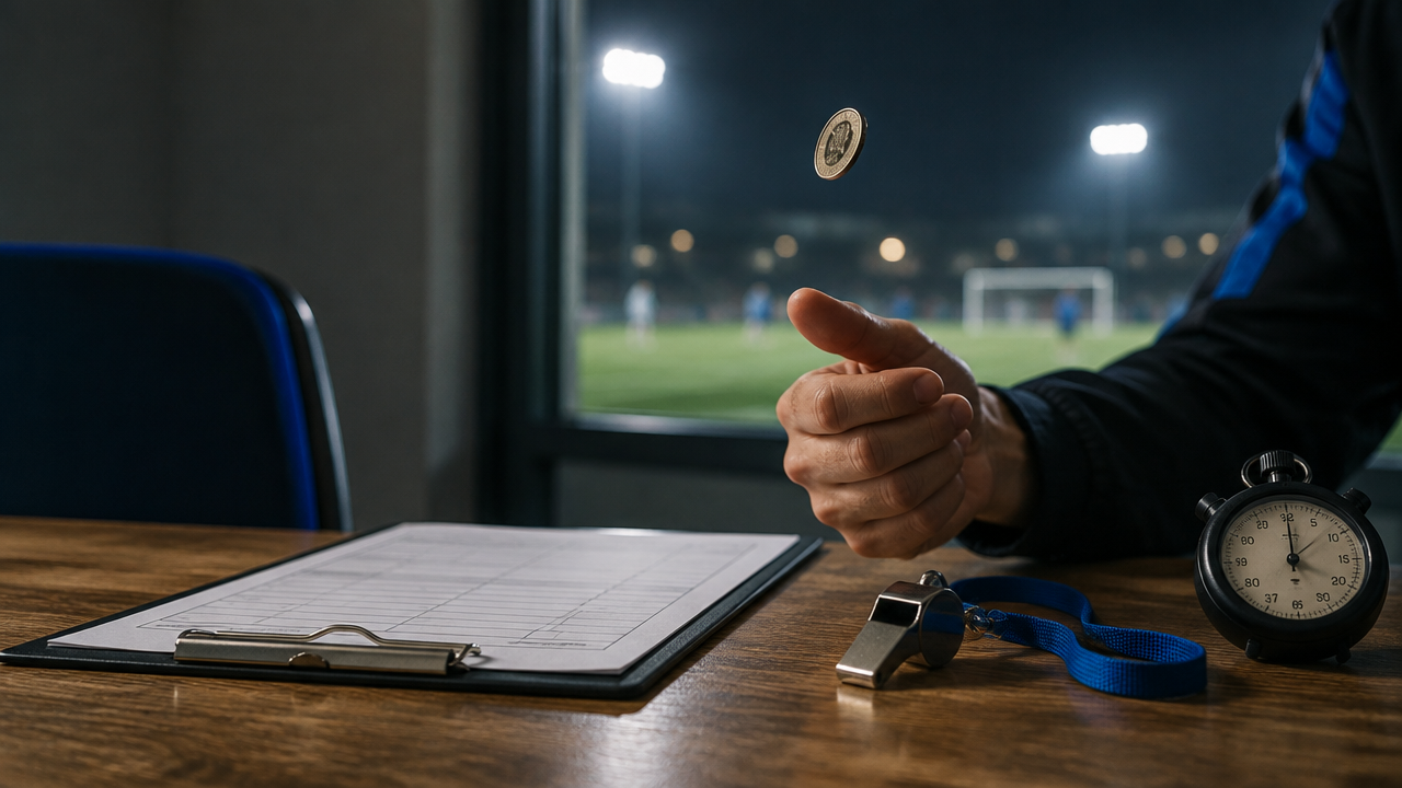 Árbitro lança uma moeda sobre mesa com súmula esportiva antes de uma partida