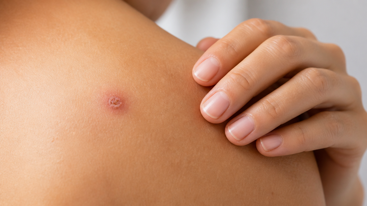 Área da pele em cicatrização após sessão de crioterapia dermatológica.